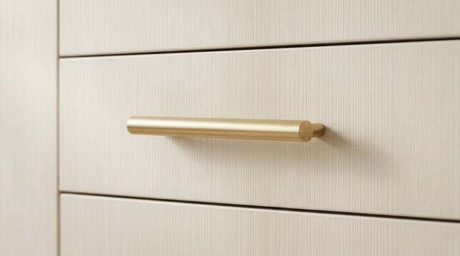 Elegant brushed brass cabinet hardware on cream colored textured drawer fronts.