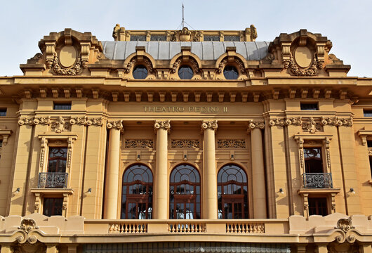 RIBEIRAO PRETO, SAO PAULO, BRAZIL - April 17, 2023: Facade of the Pedro II Theater