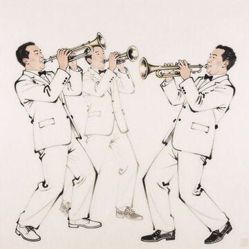 Traditional Chinese Painting Jazz Dynamics. Single-Line Drawing Illustration Showcasing Dynamic, Minimalistic Jazz Musicians Isolated And Playing Music