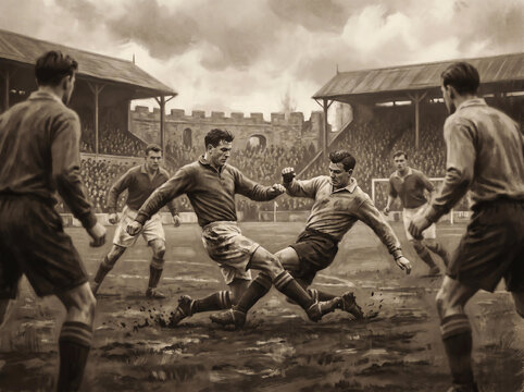 Vintage Sepia Painting of a Classic Football Match Action