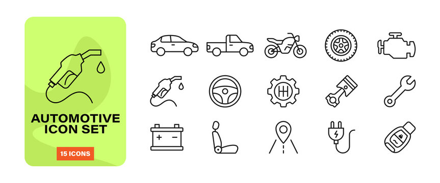Automotive car service and auto mechanic vehicle repair outline vector icon set