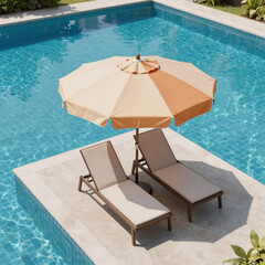 Fototapeta premium Ukiyo-E Ring Summer. Aerial View Of A Swimming Pool With Water Ring, Umbrella And Lounger