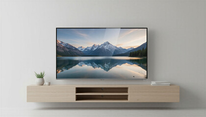 Fototapeta premium 3D TV mockup with serene landscape view on elegant wooden stand