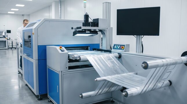 Industrial machine producing flexible printed electronics on a continuous roll in a clean room