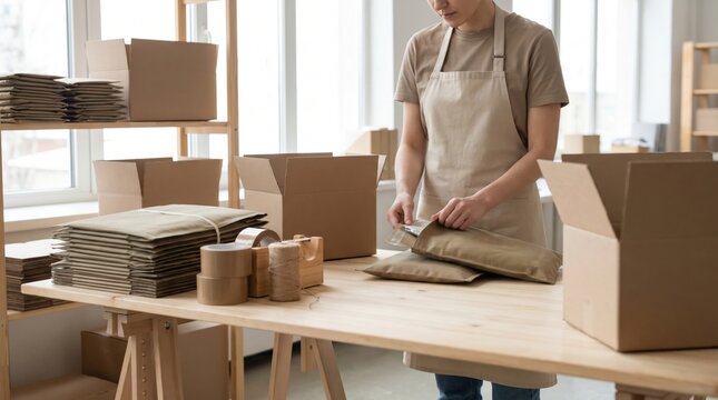 Small business owner in an apron packing customer orders into padded mailers at a wooden desk