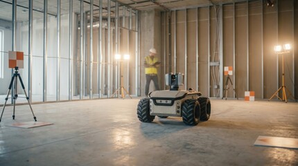 Fototapeta premium Autonomous four wheeled robot equipped with a 3D laser scanner navigating an unfinished room