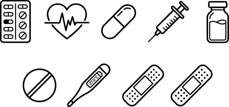 Pharmacy and First Aid Line Icon Set with Medicine Blister Pack Heartbeat Capsule Syringe Vaccine Vial Digital Thermometer and Adhesive Bandage Elements