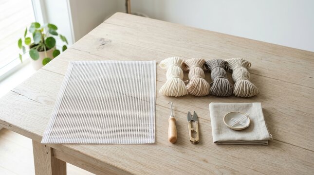 Latch hook rug making kit with yarn hanks, mesh canvas, wooden hook tool and scissors on wooden table. Creative hobby and craft workshop supplies for handmade home textile decoration.