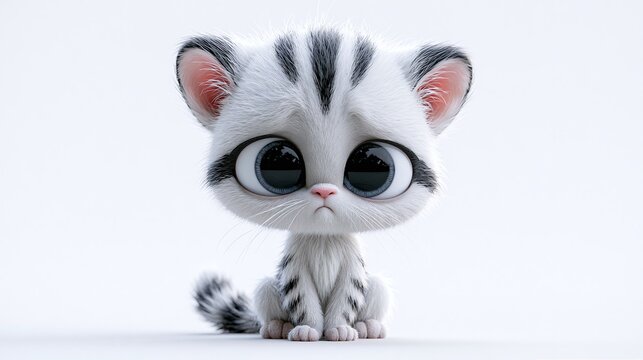An adorable cartoon kitten, domestic cat (Felis catus), with big, soulful eyes and soft white and black striped fur, sits alone against a clean, bright, white background, emanating a sweet and slightl