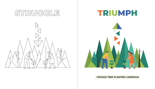 People planting trees in forest area with triangular geometry style representing struggle and triumph of reforestation efforts on earth.