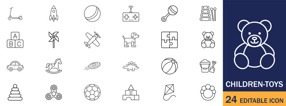 Children Toys Outline Icons Collection With Classic Kids Play And Baby Symbol