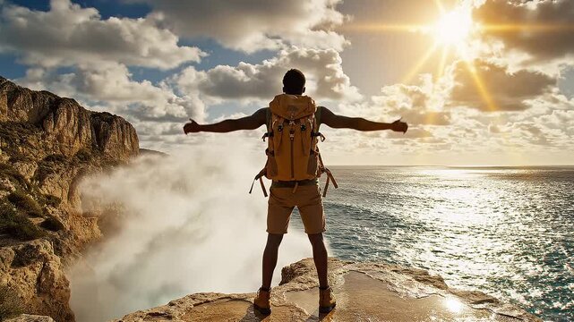 Young man hiker standing on a cliff edge with open arms enjoying the beautiful coastal sunset view during an epic summer adventure journey