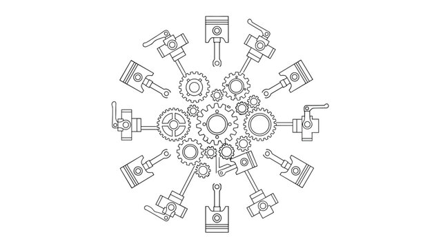 Circular arrangement of engine pistons and interlocking gears representing complex mechanical synchronization and engineering design.