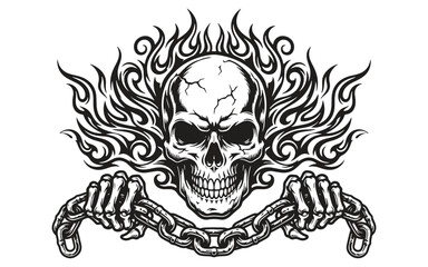 Fototapeta premium A vector illustration of a flaming skull holding a chain in its bony hands.