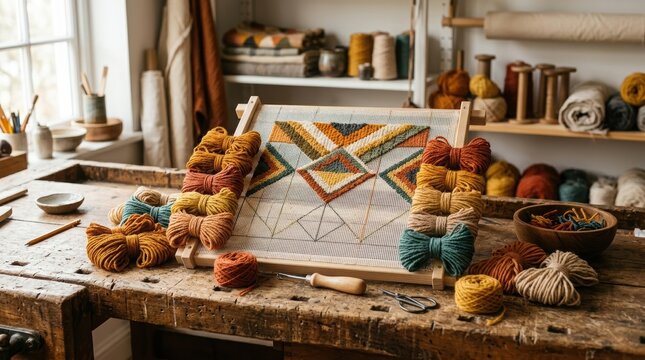 Punch needle embroidery frame with colorful yarn skeins on wooden table. Handmade textile art project in workshop. Craft hobby and creative DIY textile design process for home decor.