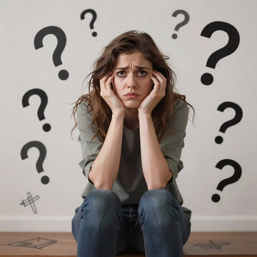 Low Poly Collage Uncertainty. Creative Collage Picture Of A Confused Young Woman Seeking Answers To Her Dilemma