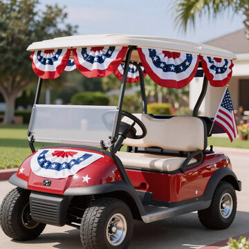 Cinematic Golf July. A Festive Fourth Of July Golf Cart Decorated With Patriotic Flair, Celebrating Summer