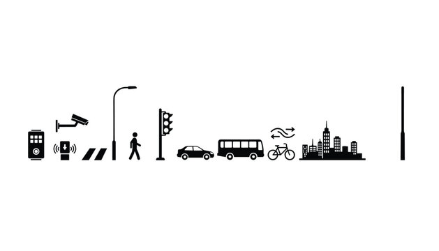 Set of black icons depicting urban city infrastructure with smart traffic cameras, public transport vehicles, and street lighting elements.