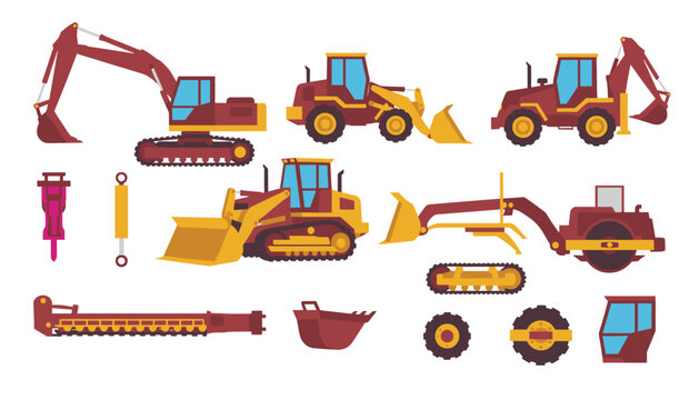Assortment of heavy construction machinery parts including excavators, bulldozers, hydraulic rams, buckets, treads, and tires for site work.