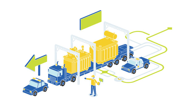 Transport of large electrical transformers by trucks with a police escort and route planning for specialized industrial equipment delivery.