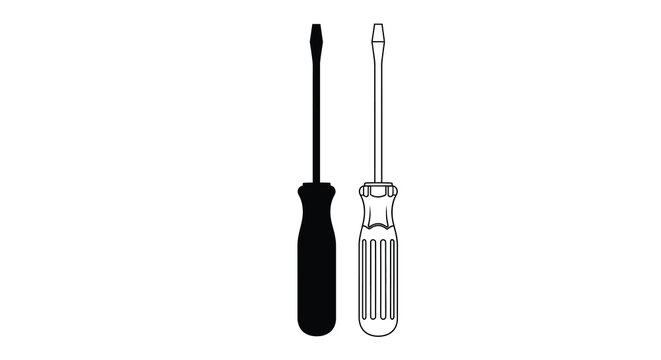 Two screwdrivers flathead and phillips black line art silhouette