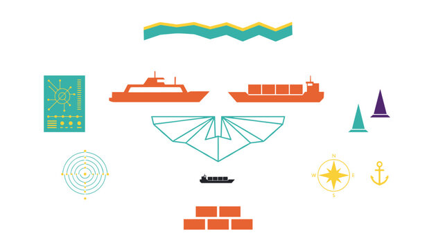 Collection of maritime logistics icons depicting cargo ships, ferry, compass, anchor, radar chart, and building bricks for port operations.