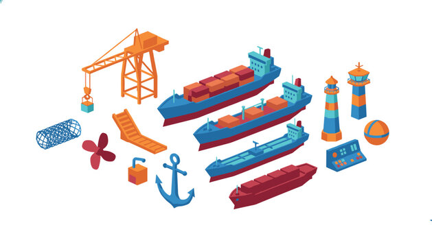 Set of nautical and maritime icons featuring shipping vessels, a gantry crane, lighthouses, anchors, propellers, and navigation control panel.