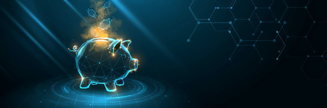 Glowing digital piggy bank on a circular platform with rising golden particles and interconnected blue hexagonal data network on dark background