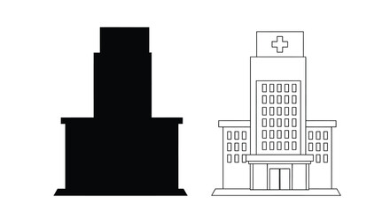 Fototapeta premium Hospital Building Silhouette And Line Art Representation Silhouette