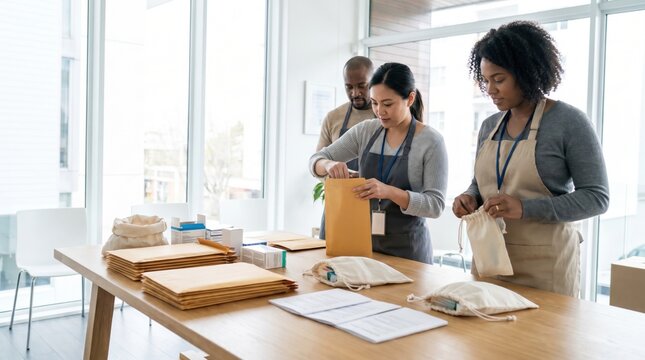 Team of small business employees packing products into eco friendly shipping envelopes in a bright office