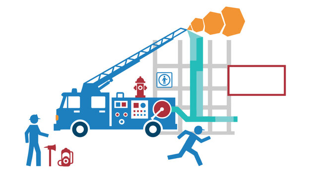 Emergency response firefighting operation featuring a fire engine with an extended ladder, water hoses, fire hydrants, and a rushing emergency worker.