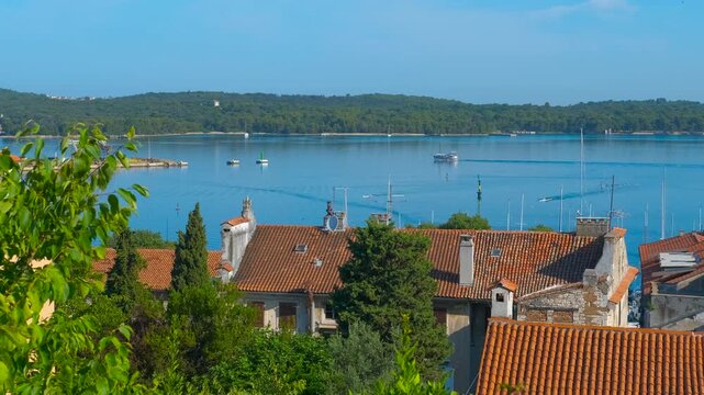 Scenic view of rovinj old town harbor in croatia. Beautiful panoramic view of the old town of rovinj, croatia, with its historic buildings, red-tiled roofs, and boats sailing on the adriatic sea