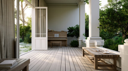 Obraz premium Bright summer morning porch with upright piano, wooden table, cup, open door, lush green garden, peaceful and inviting atmosphere
