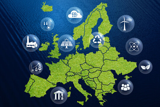 Wolffia globosa green leaves map and icons on blue river background.