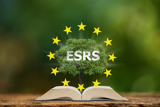 ESRS ,book, tree and icon on natural background.