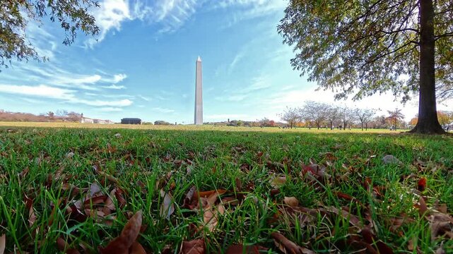 The famous Washington Monument under a boundless blue sky. The drone rises.
