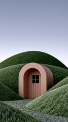 Naklejka premium Hobbit house door green hill grass curved path blue sky peaceful fantasy nature architecture landscape