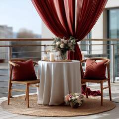 Fototapeta premium Elegant ocean view balcony with red sheer curtain, round table, floral arrangement, candles, and wooden chairs create romantic atmosphere