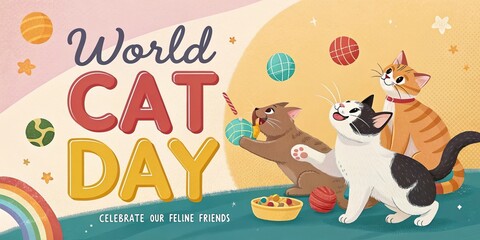 Fototapeta premium World Cat Day Cute Cartoon Cats Holding Balloons Festive Celebration Banner