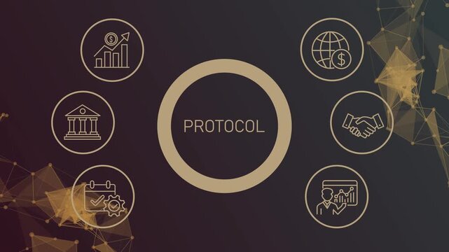 Professional network Protocol and data communication standard concept video displaying digital icons for secure transfer protocols, internet connectivity, and system rules dashboard.