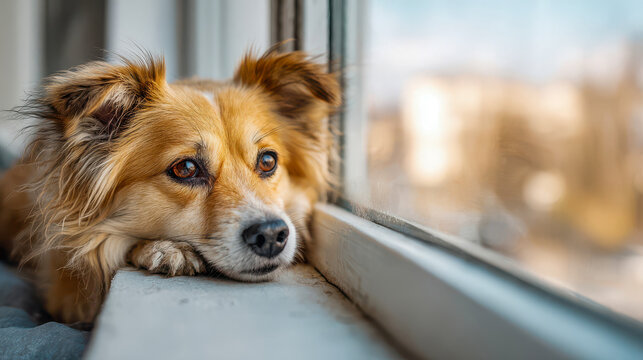 Dog looks out the window while resting on a windowsill in a city setting during daytime