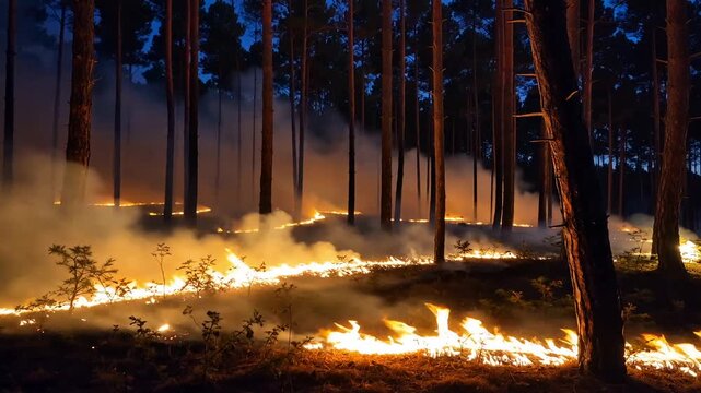 Wildfire burning through a pine forest floor at night