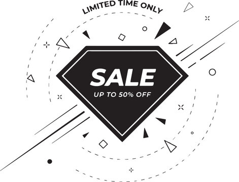 Limited time sale banner with diamond shape and geometric black and white isolated on a white background