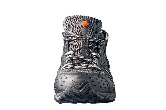 Front view of a generic black outdoor trekking shoe isolated on white background