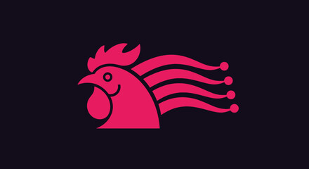 Minimalist pink rooster head icon with wavy network lines © Bimo