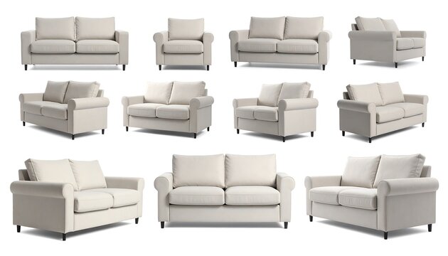 Collection of cream-colored, rolled-arm sofas showcasing varying angles against a white backdrop