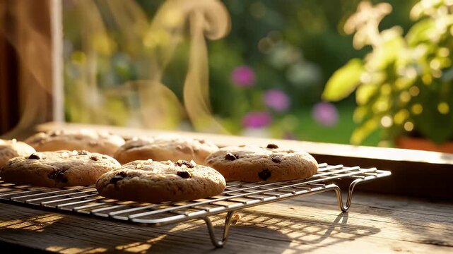 Freshly baked cookies on rack.