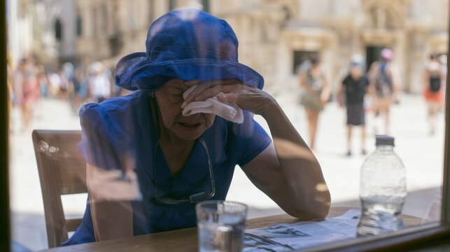 A woman wipes away tears while sitting at a table outside on a hot day