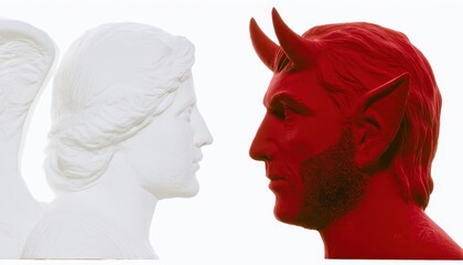 Obraz premium A symbolic representation of good versus evil with angel and devil heads