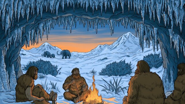 A group of cavemen sitting by a fire in a snowy cave with a breathtaking mountain view at sunset